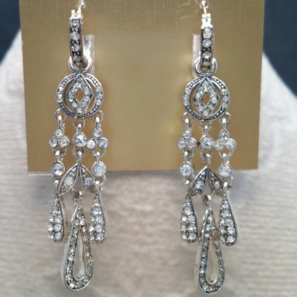 Monet Chandelier Earrings Rhinestone Dangle Silvertone NWT Hoops Detach Art Deco - Picture 3 of 12